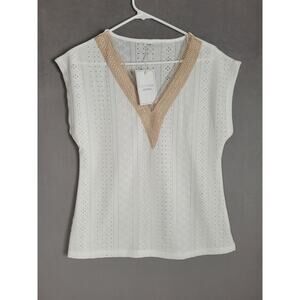 Etcyy New Womens Basic Top Trendy Eyelet Fabric Tank Top Lace V Neck Medium